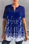 Plus Size Lace Stitching Print Button Detail Short Sleeve Blouses
