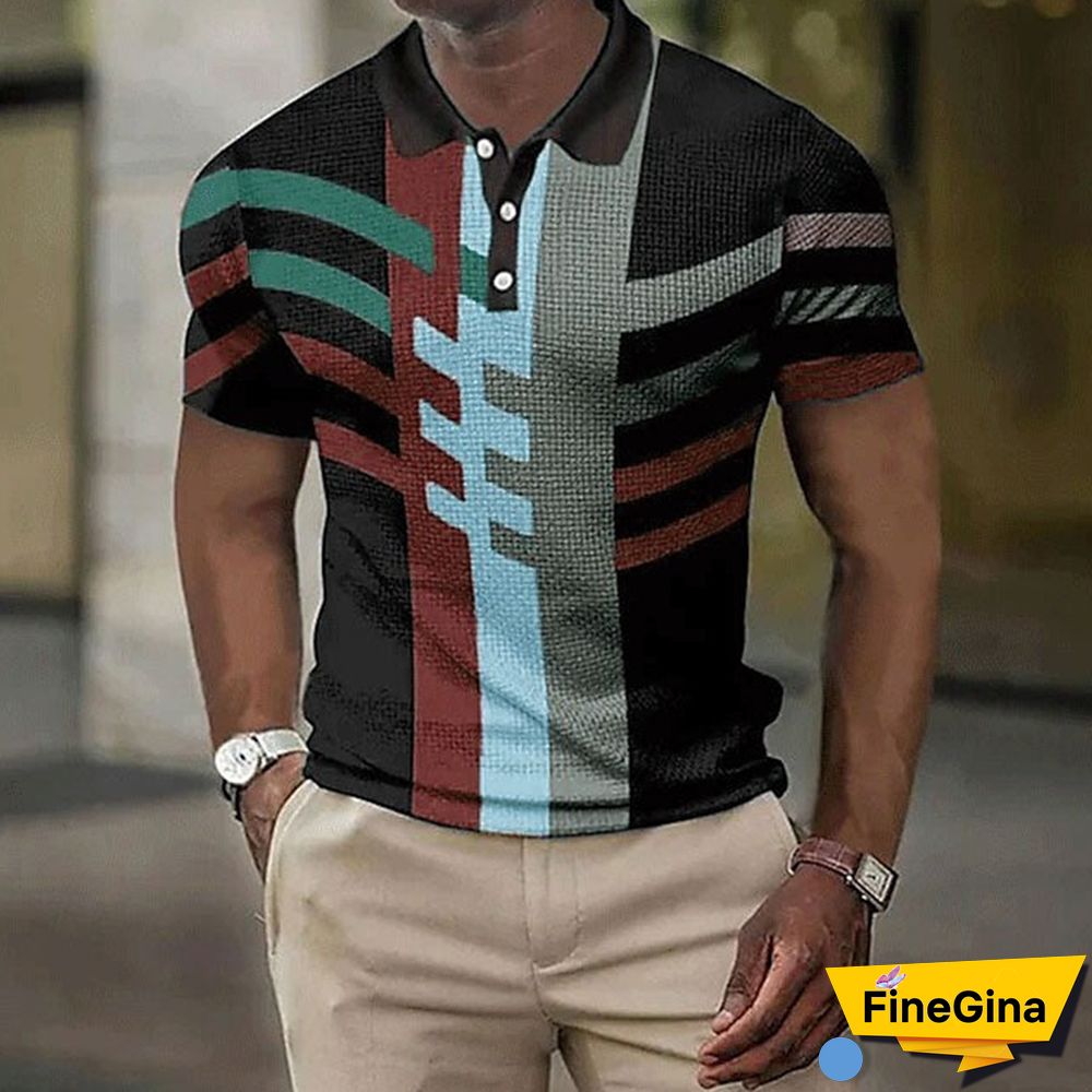 Black khaki Men's Short Sleeves Striped Graphic 3D Print Button-Down Shirt