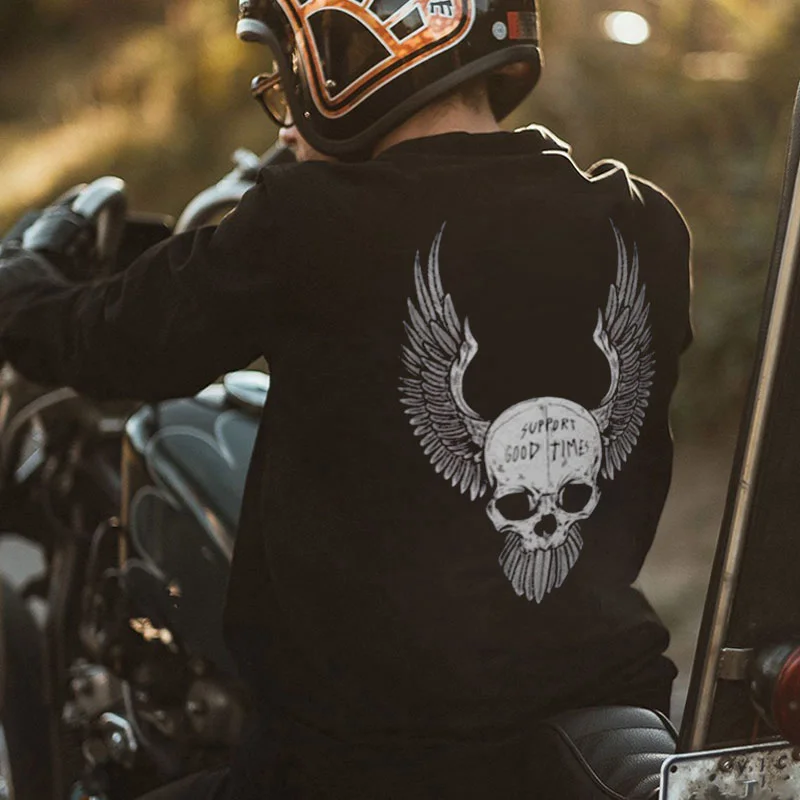 SUPPORT GOOD TIMES Skull with Wings Graphic Black Print Long Sleeve