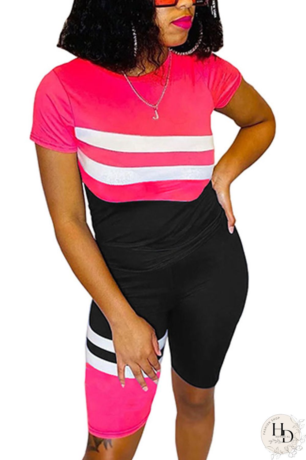 Red Polyester Fashion Casual Patchwork Print Two Piece Suits pencil Short Sleeve Two Pieces