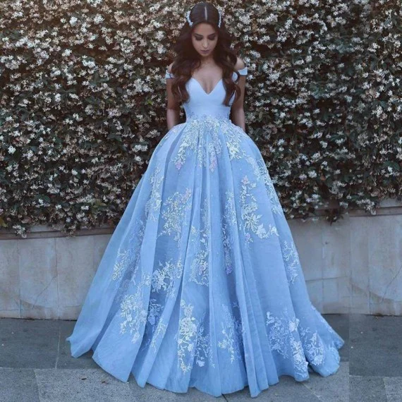 Princess Ball Gown Off Shoulder Tulle Prom Evening Gowns with Lace Applique 