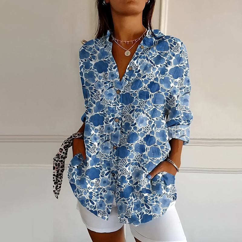 Comstylish Women's Floral Art Print Linen Blend Casual Long-sleeve Shirt
