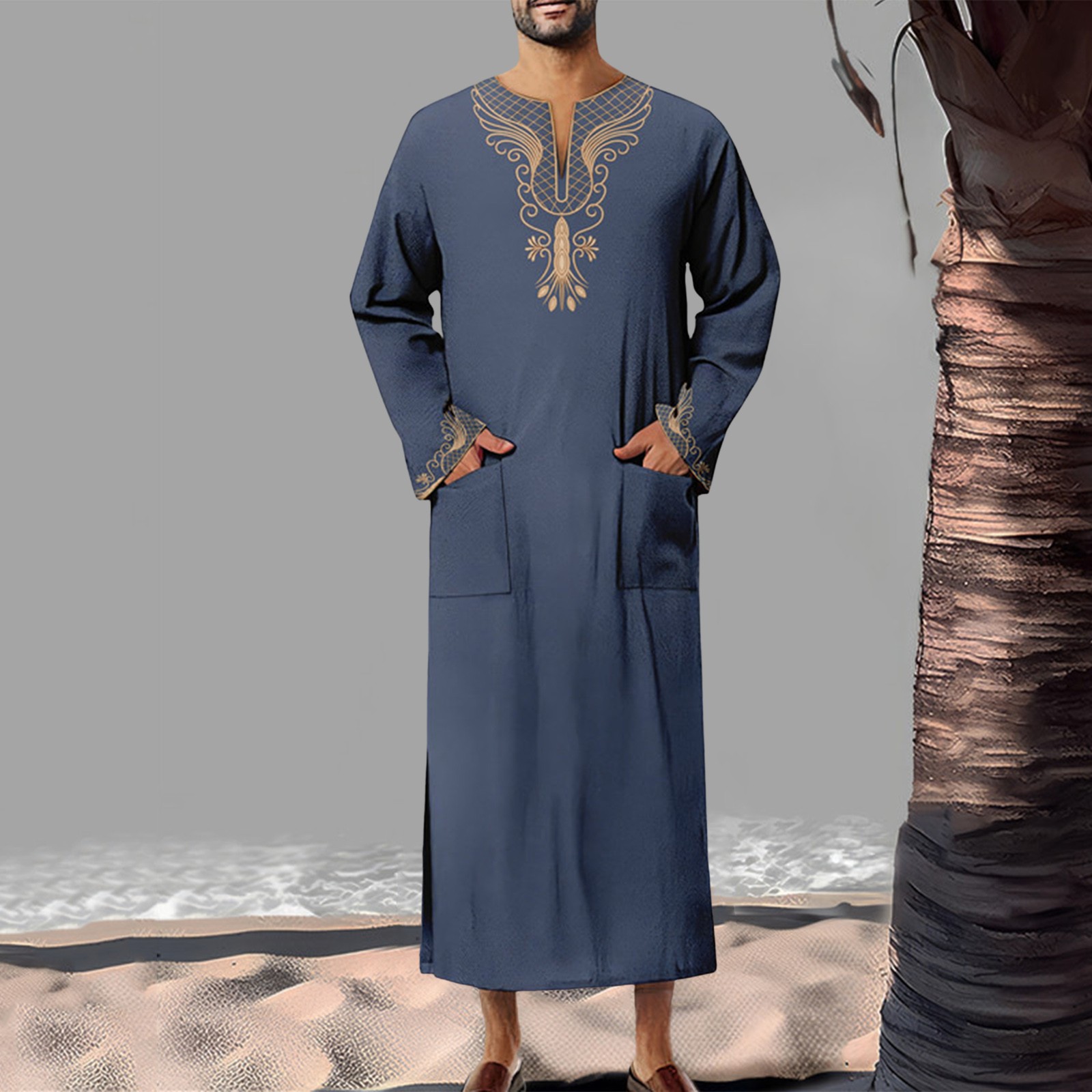 Soloyy men costume adult Men Shirts Summer Mens Arab Muslim Mens Long Sleeve Robe Printed V Neck Design Loose Breathable Robe 한국 동대문 2024