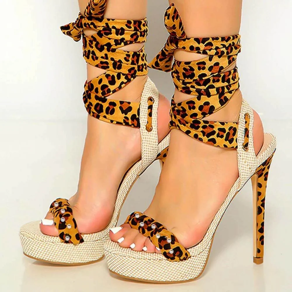 Lace Up Pumps Suede Leopard Print Open Toe Stiletto Heels for Women Nicepairs