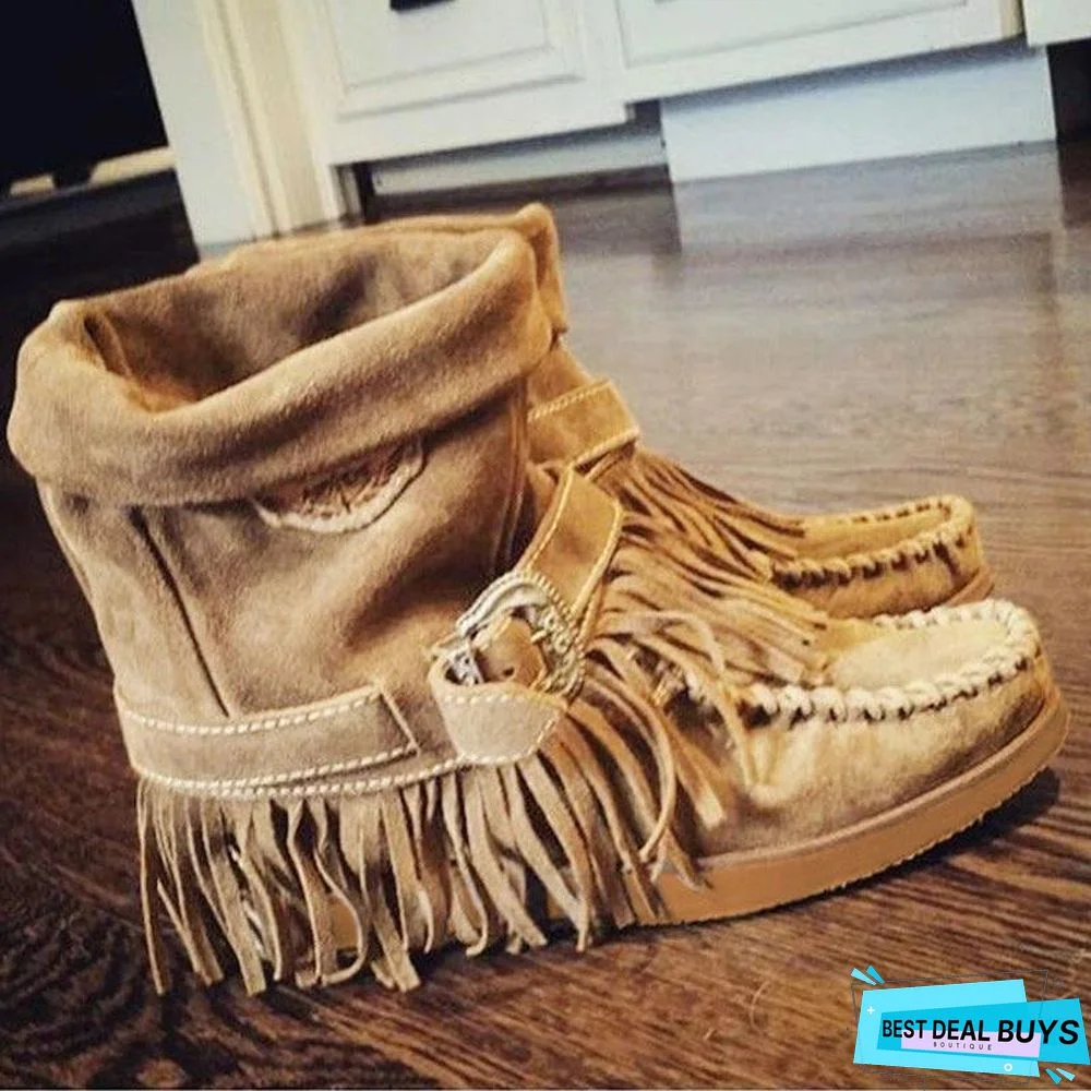 Women's Fringe Round Toe Retro Boots