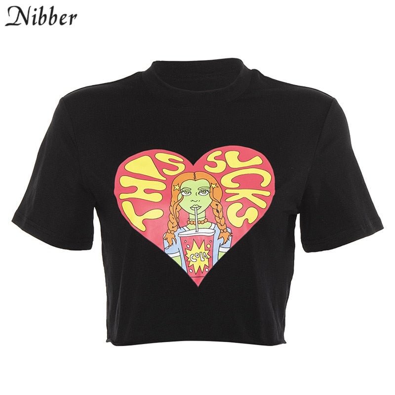 Nibber2019summer fashion T-shirt Girls Print Short Sleeve O Neck Cotton crop top women casual Basic black stretch Slim Soft Tees