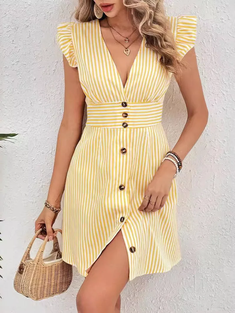 Women's Short Sleeve V-neck Striped Mini Dress