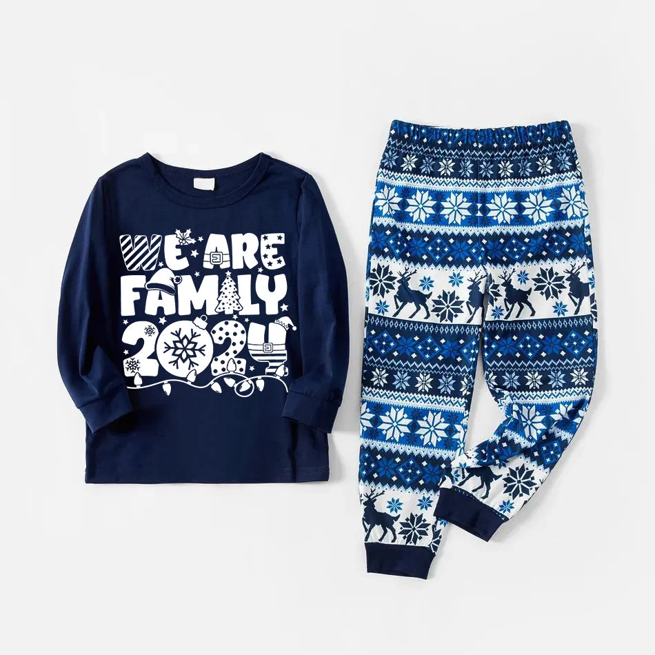 "We are Family 2024" White Letter Print Blue Long Sleeve With Blue Floral Pants Family Matching Pajamas Sets