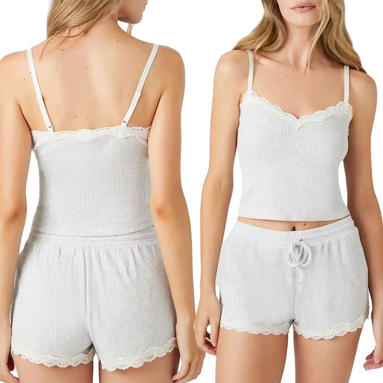 Ejiekang outfit ideas Women's Pajamas Set 2 Pieces Loungewear Suits Lace Trim Camisoles Tank Tops and Drawstring Shorts Sleepwear Outfits