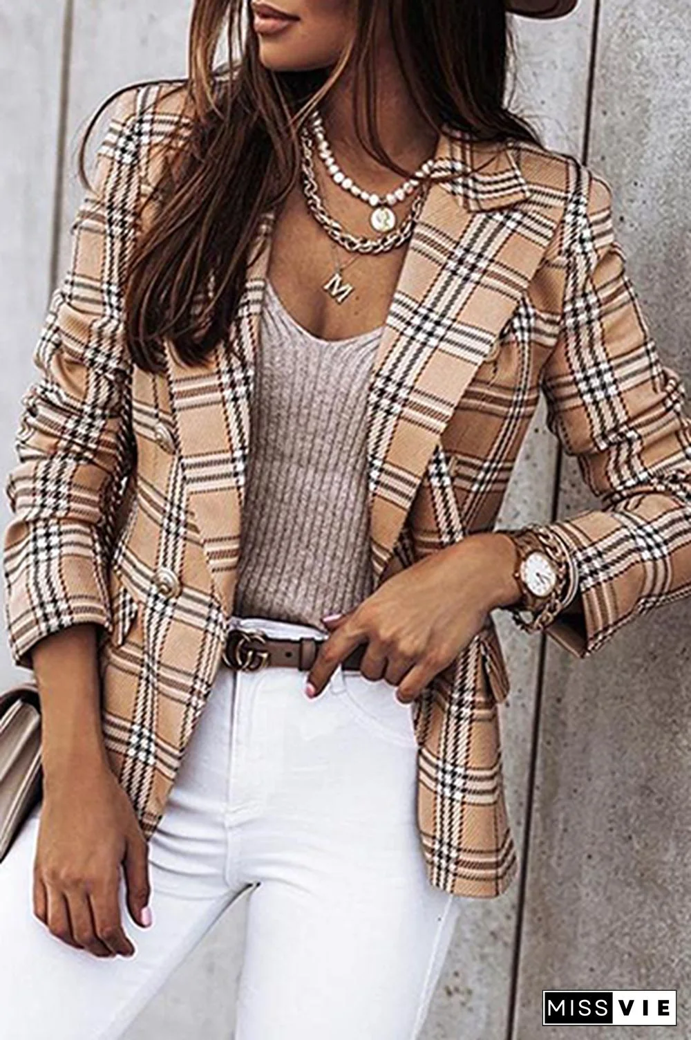 Elegant Plaid Striped Patchwork Buttons Turn-back Collar Outerwear
