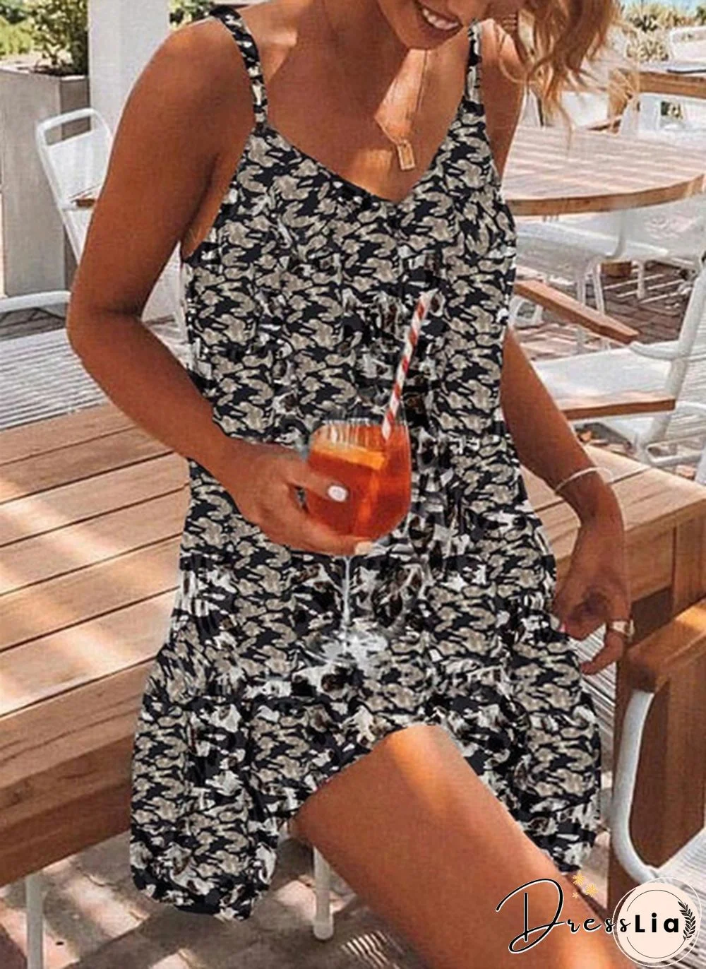 Women Fashion V-neck Leopard Print Sleeveless Dress Summer Casual Mini Tank Dress