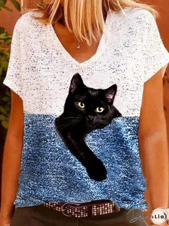 Cat Print Short Sleeve V-Neck Casual T-Shirt for Women