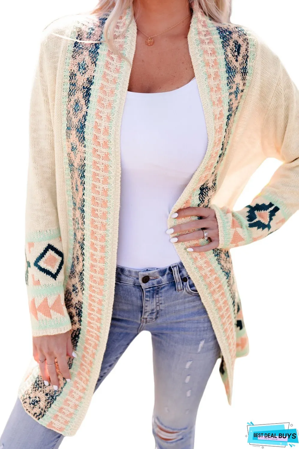 Aztec Khaki Western Print Open Front Cardigan