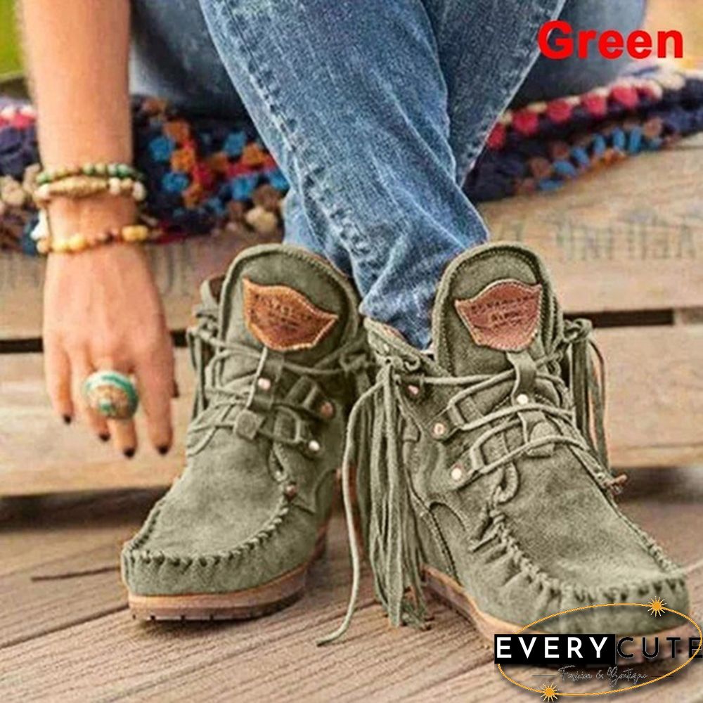 HOT Trend Fashion Faux Leather Tassel Boots for Women Short Platform Boots High Top Martin Boots Vintage Chunky Low Heel Short Boot Ankle Booties Flat Boots Autumn Winter Shoes for Female Plus Size