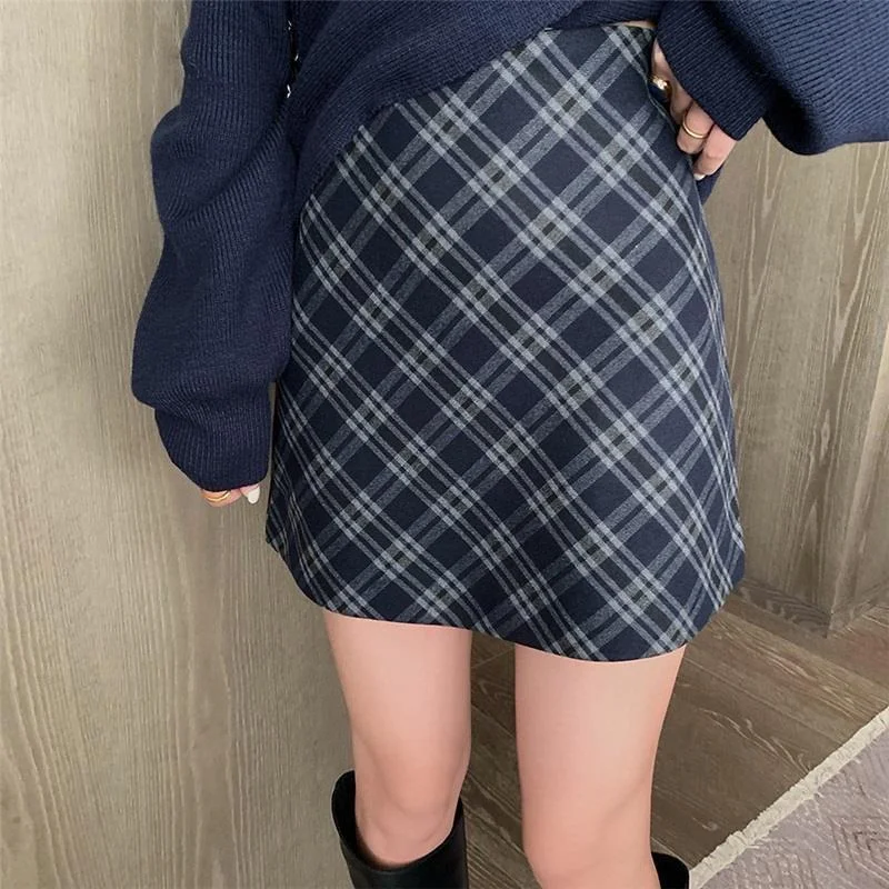 HOUZHOU Vintage Mini Skirts Women Elegant High Waist A-line Plaid Skirt Korean Fashion 90s Aesthetic Harajuku Streetwear Autumn