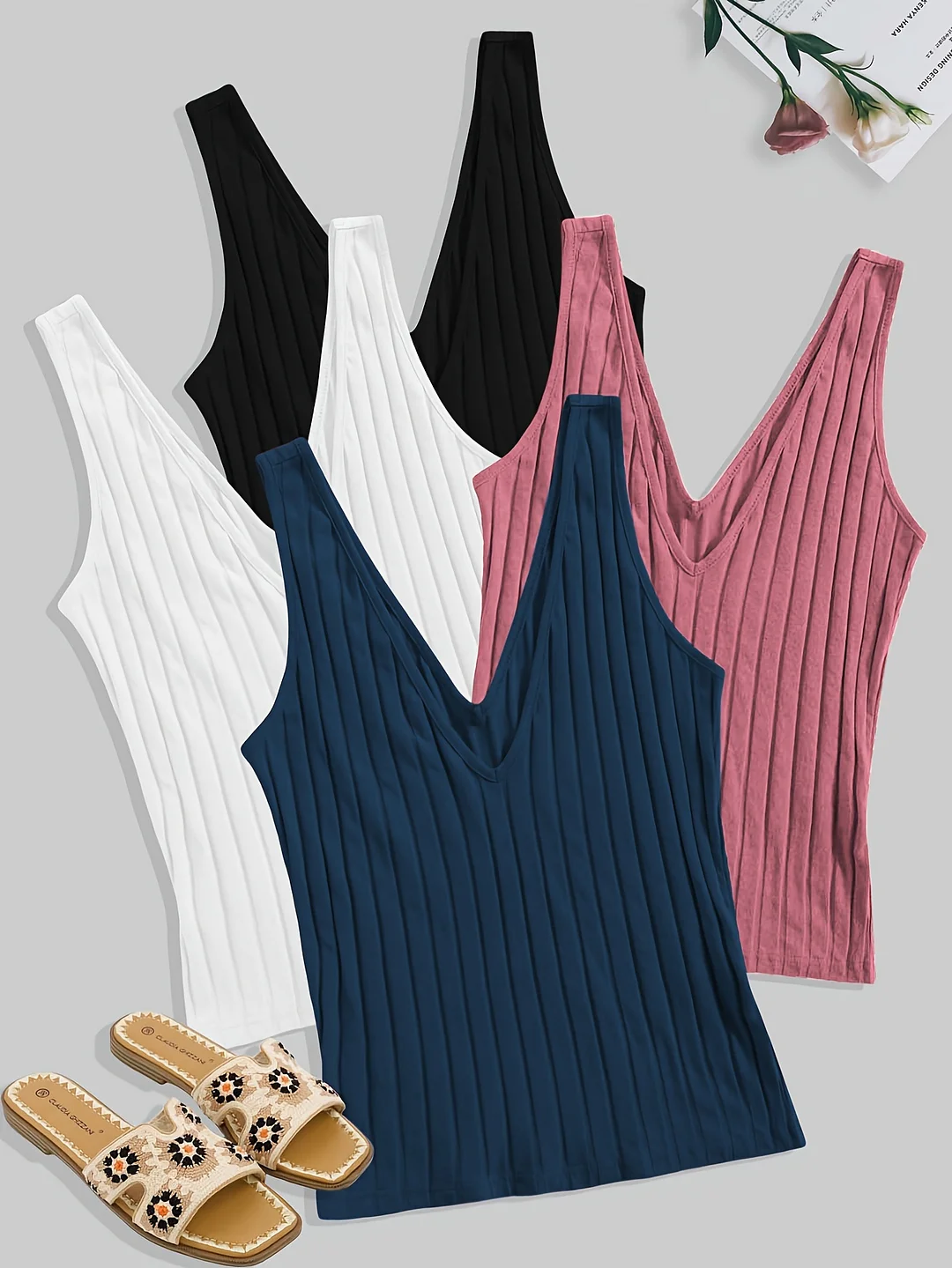 4-Pack Women's Fashion Strapless V-Neck Tank Tops, 95% Polyester 5% Elastane Knit Fabric, Solid Color Versatile Sleeveless Shirts For Spring/Summer/Fall | IFYHOME