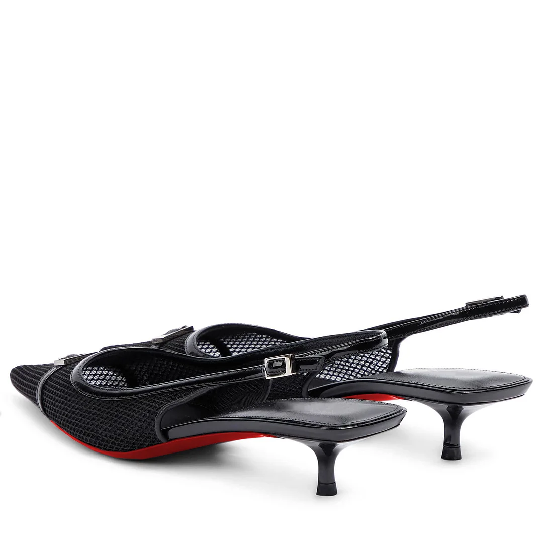 2.36" Women's Pointed Toe Red Bottom Sandals Slingback Shoes Kitten Heel Pumps Mesh Summer Shoes-MERUMOTE