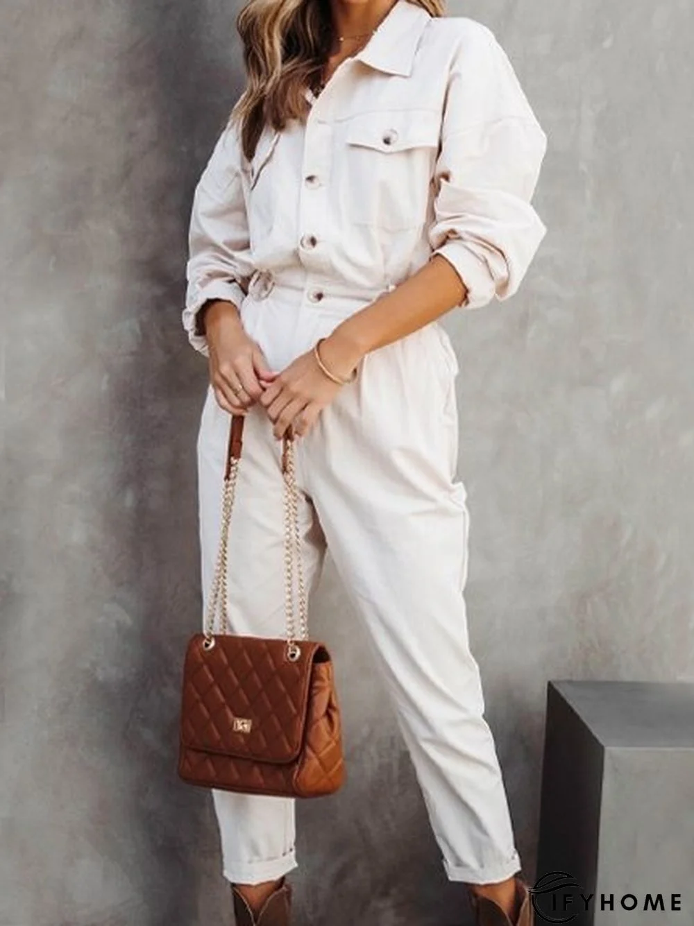 Plain Buckle Casual Shawl Collar Jumpsuit & Romper | IFYHOME