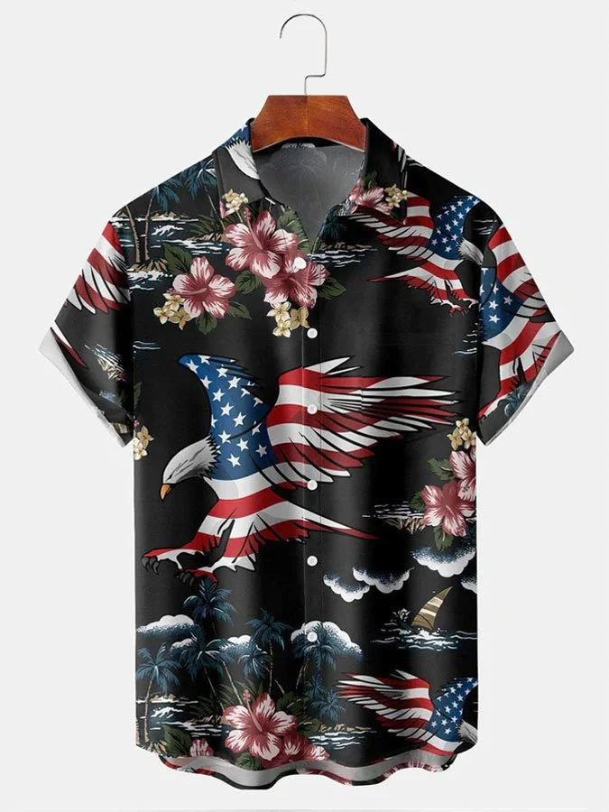 Men's Hawaiian American Flag Eagle Print Casual Shirt