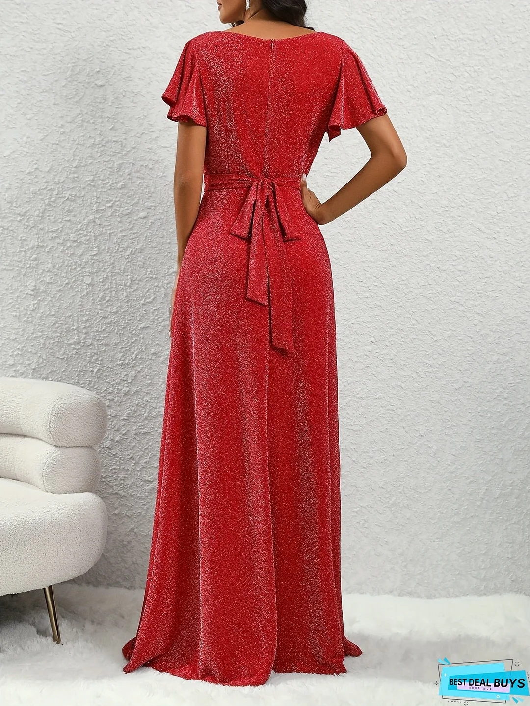 Flutter Sleeve Floor Length A-line Dress, Elegant Crew Neck Tie-waist Dress For Party & Banquet, Women's Clothing