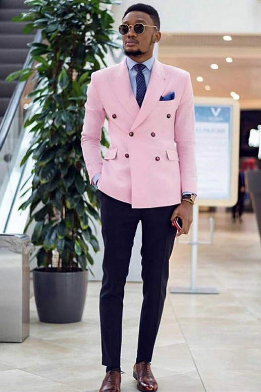 Dresseswow Chic Peaked Lapel Pink Double Breasted Mens Wedding Suits