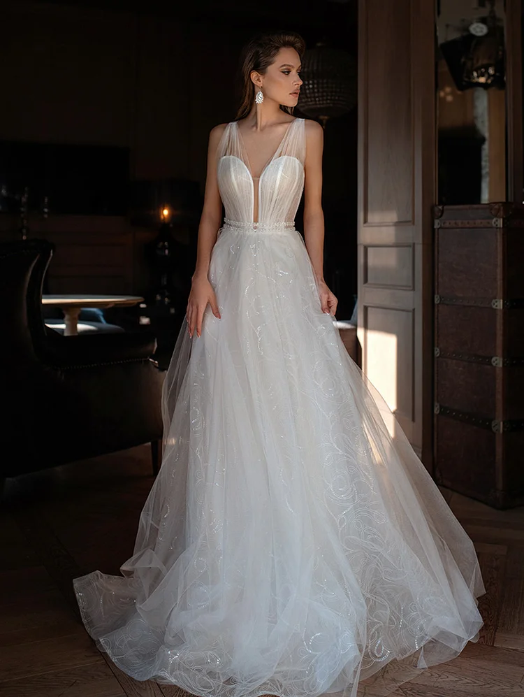Simple Tulle A Line Wedding Dress Backless Long V Neck Bride Gowns