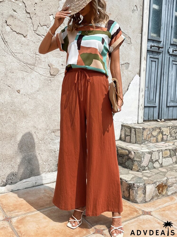 Geo Print Batwing Sleeve Top & Wide Leg Pants