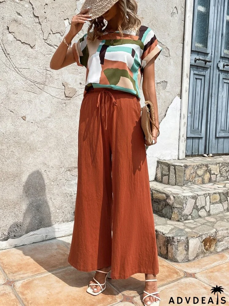 Geo Print Batwing Sleeve Top & Wide Leg Pants