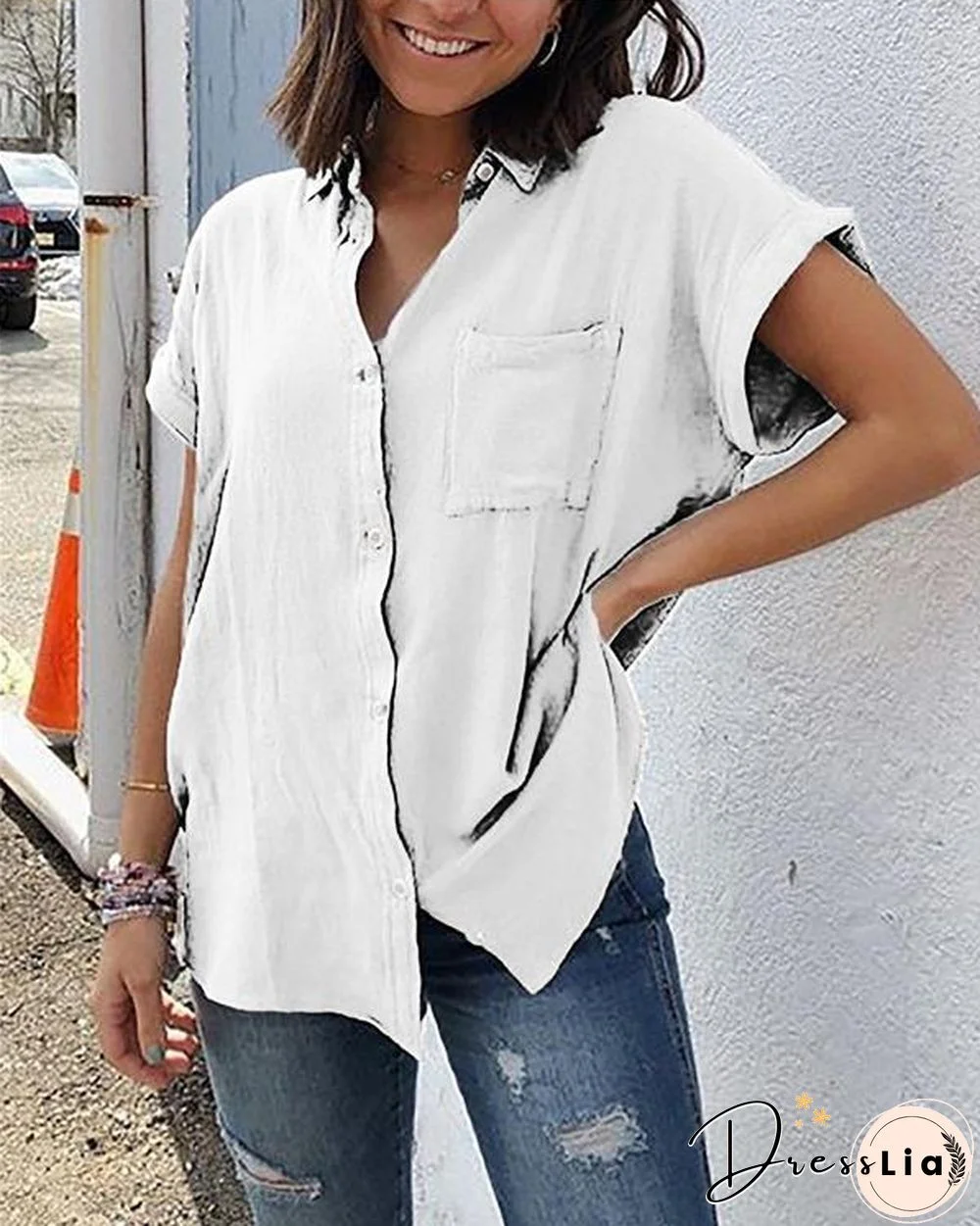 Pockets Short Sleeve Buttoned Down Plus Size Blouses