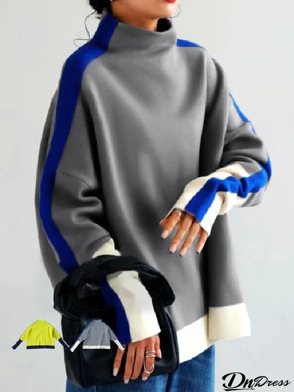 Long Sleeves Contrast Color Split-Joint High Neck Hoodies&Sweatshirt Sweatshirt Tops Tops