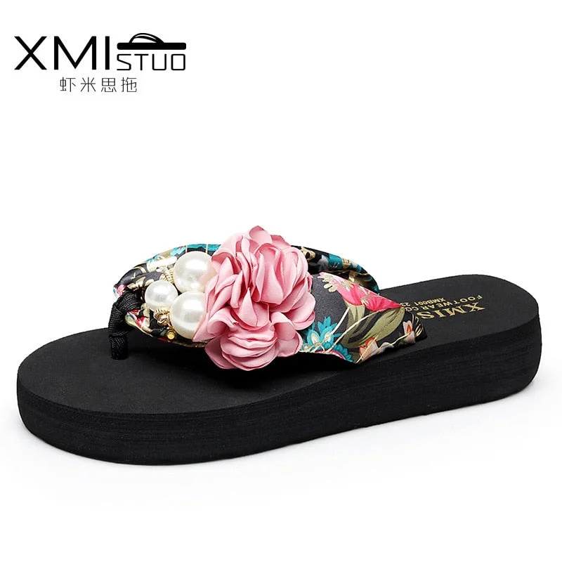 3cm High Heel Women's Beach Slippers for Women In Summer with Thick Heeled Sandals Flower Wedge Slippers  Women  house shoes