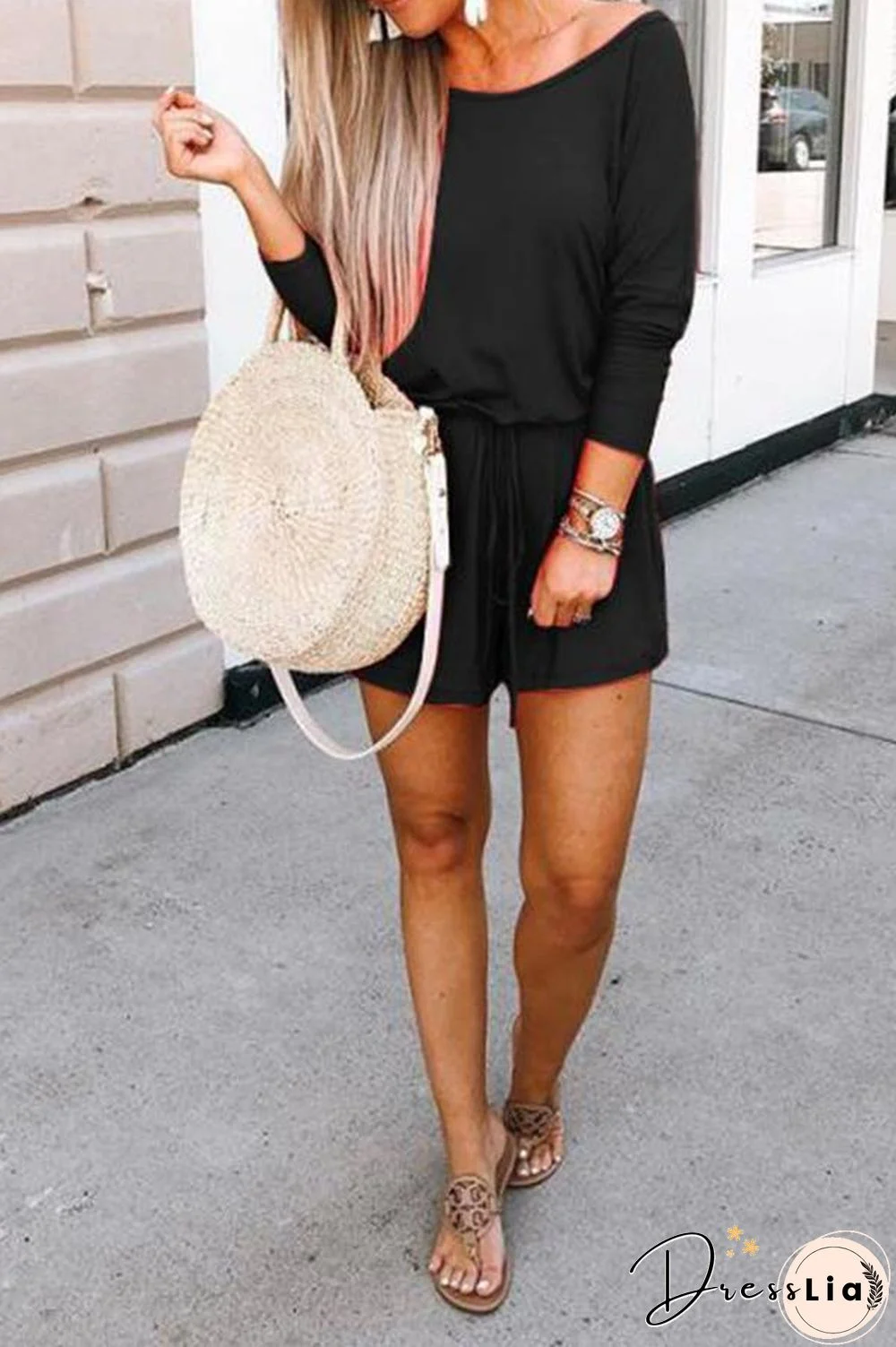 Solid Color Long Sleeve Scoop Neck Romper P15008
