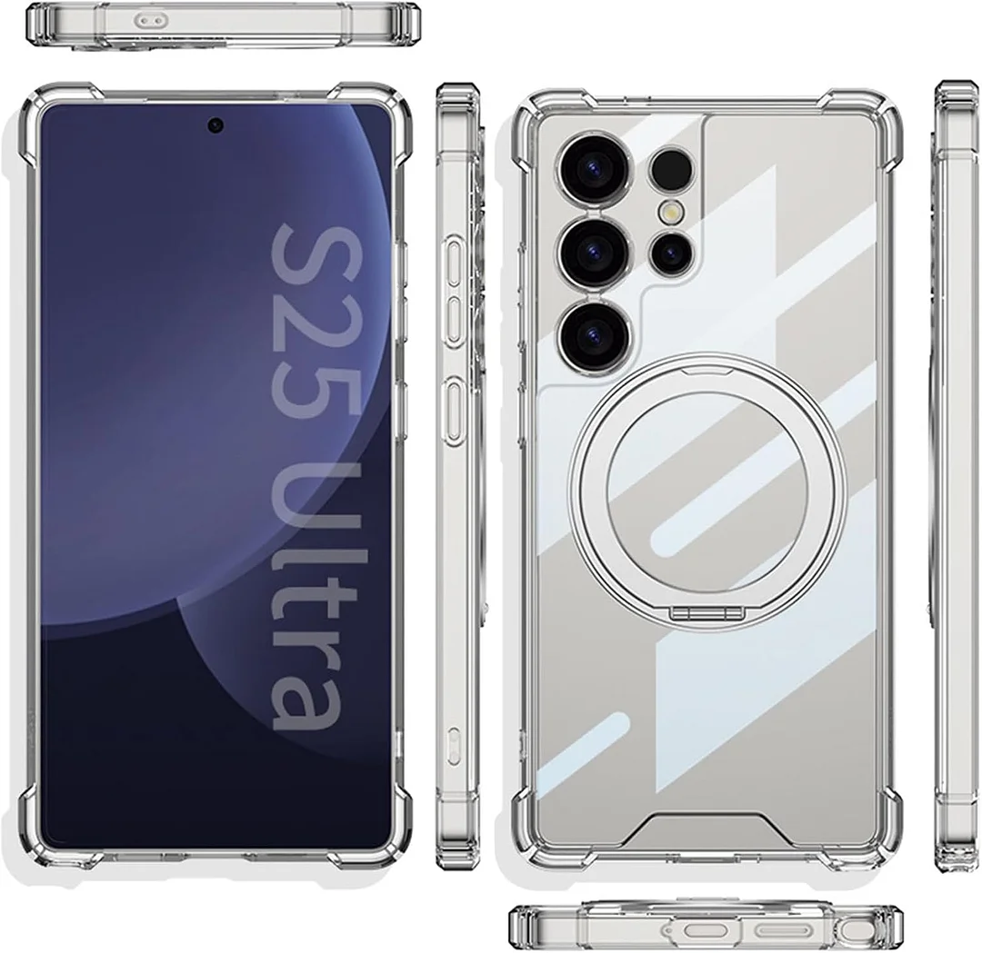 Case for Samsung Galaxy S25 Ultra, Clear Anti-Yellow PC Rugged Cover with Ring Holder Stand Shoockproof Phone Case,Black