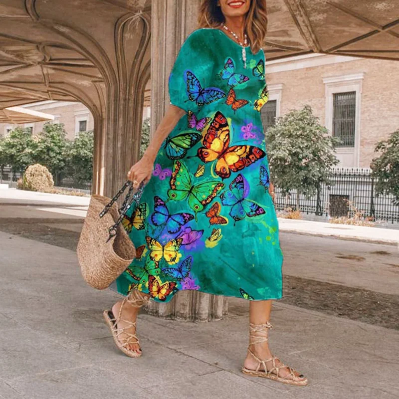 Butterfly Printing Casual Midi Dress