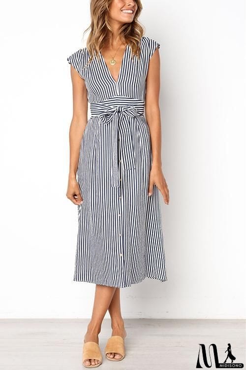 MidiSono - V Neck Tie Waist Dress