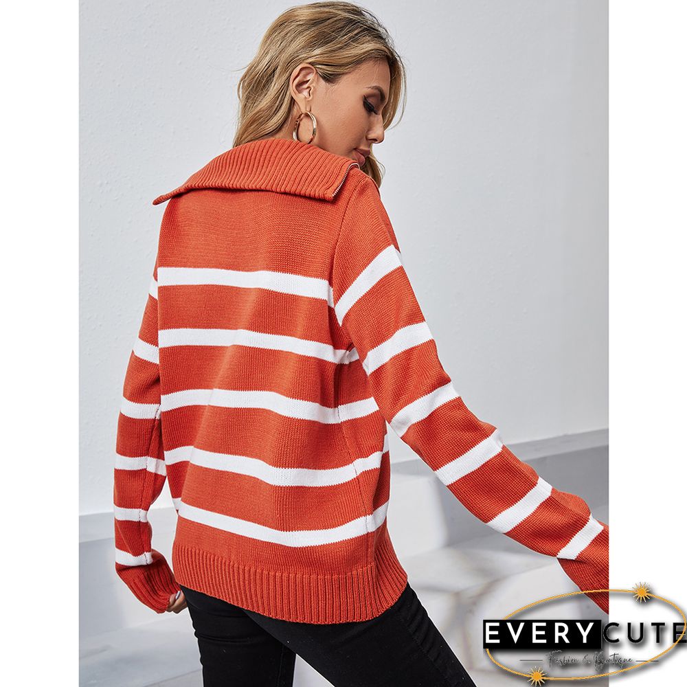 Rust Red Zip-up Stripe Print Knit Pullover Sweater