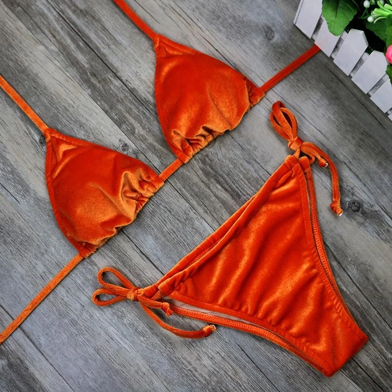 2019 Women Dark Green Orange Gold Velvet Thong Bikinis Sets Swimwear Swimsuit Brazilian Beach Wear Bathing Suit 2221