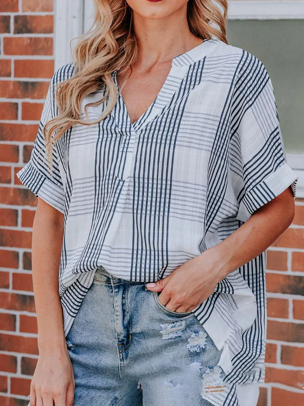 Ladies Casual Short Sleeve Thin V-Neck Pullover Shirt