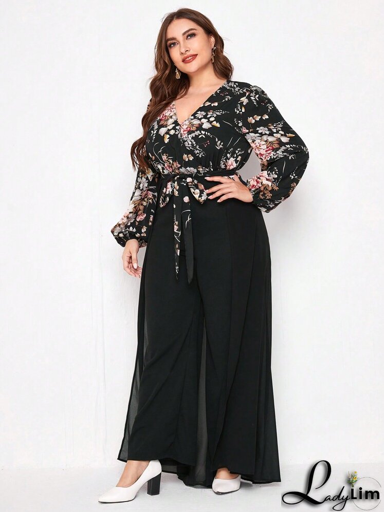 Plus Floral Print Lantern Sleeve Wide Leg Jumpsuit With Skirt