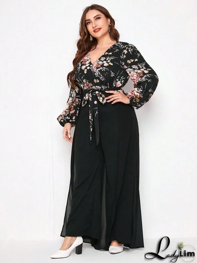 Plus Floral Print Lantern Sleeve Wide Leg Jumpsuit With Skirt