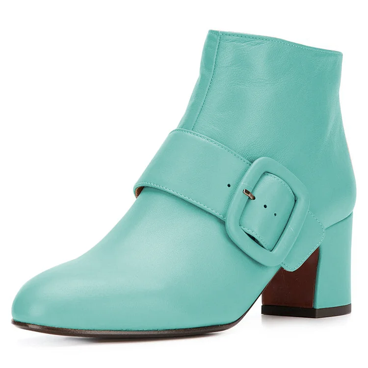 Turquoise Round Toe Buckle Strap Ankle Boots with Block Heels |FSJ Shoes