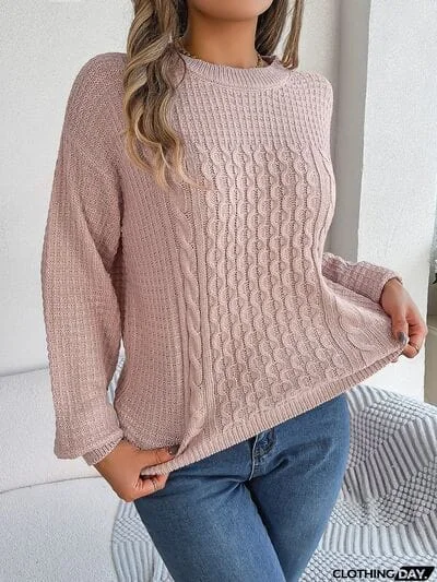 Cable-Knit Round Neck Long Sleeve Sweater