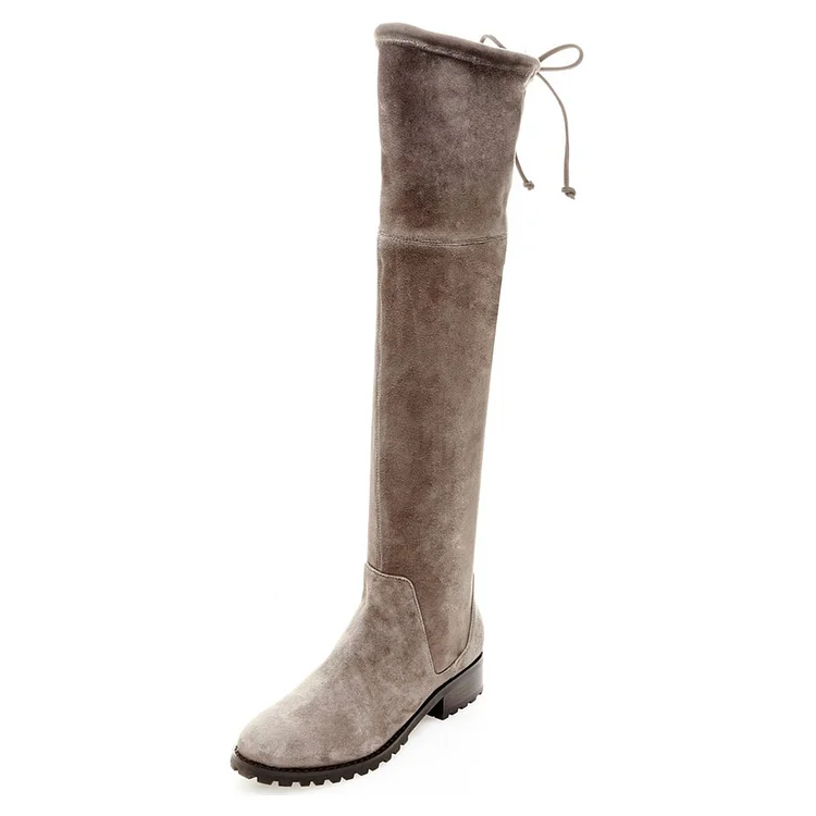 Taupe Boots Round Toe Low Heel Back Laced Suede Knee High Boots |FSJ Shoes