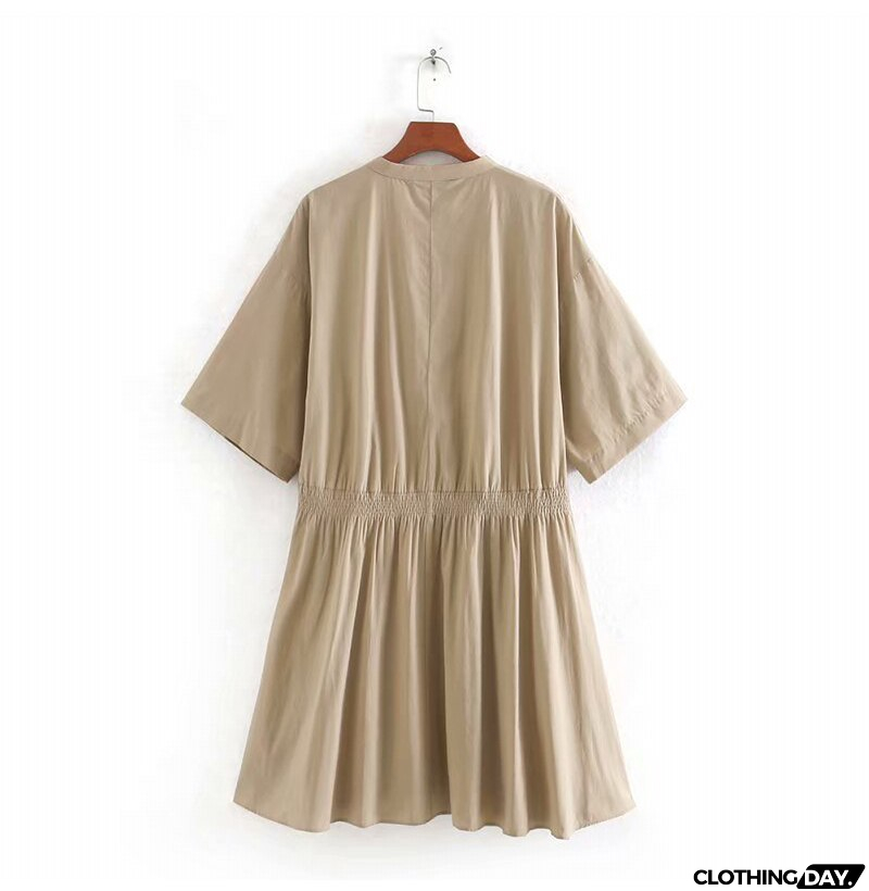 Cotton Dresses Summer Autumn Casual Button Solid Color Loose Ruched Fitted Dress Women Fashion  Clothes Support Dropshipping