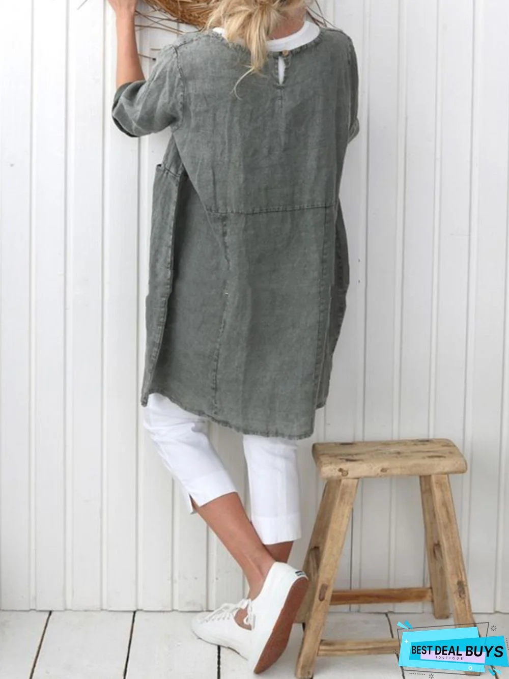 zolucky Plus Size Casual Plain Long Sleeve Linen Dress