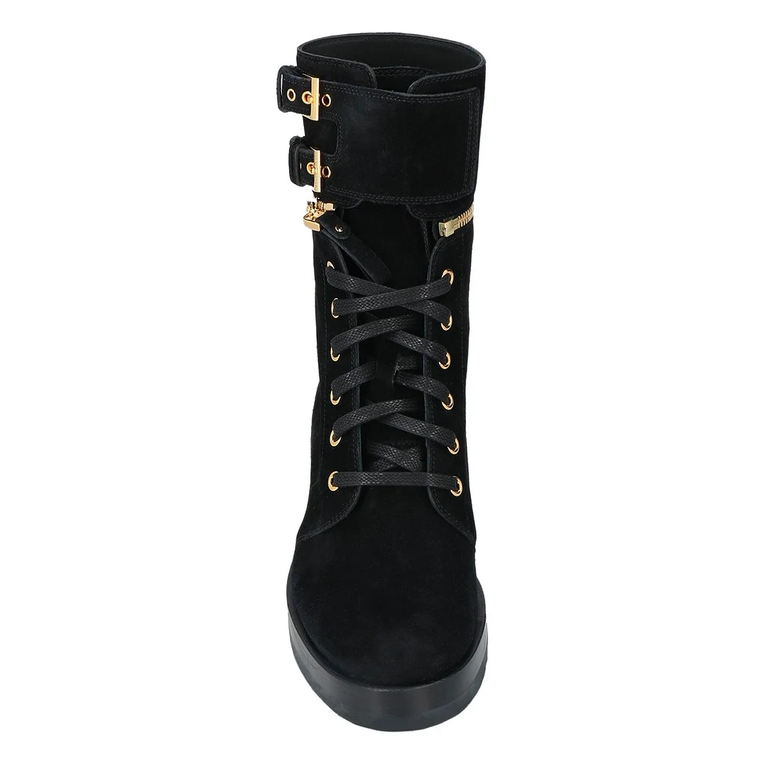 Women&lsquo;s Black Platform Lace Up Buckled Low Block Heeled Ankle Boots