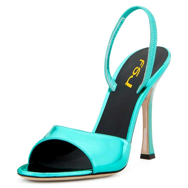 Turquoise Patent Leather Slingback Heels Spool Heel Sandals |FSJ Shoes