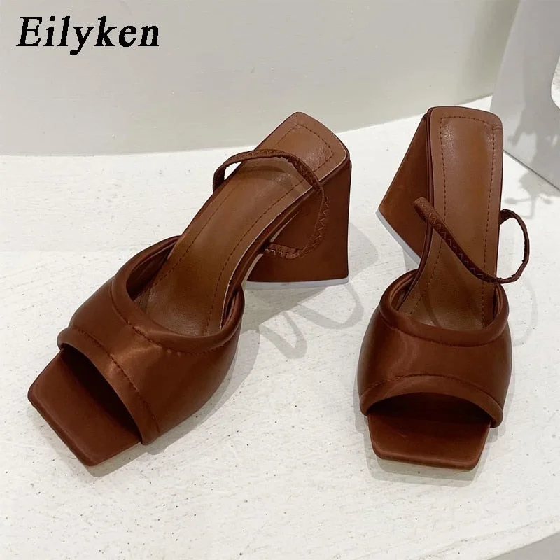 Eilyken Silk Green high heels Sandals Fashion Open Toe Triangle Square Heels Back Strap Women Sandals Dress Shoes