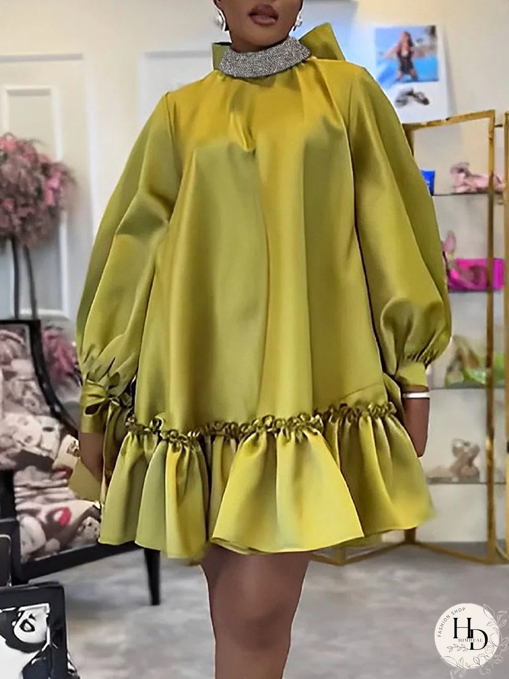 A-Line Long Sleeves Bowknot Pleated Rhine Stones Ruffled Solid Color Mock Neck Mini Dresses