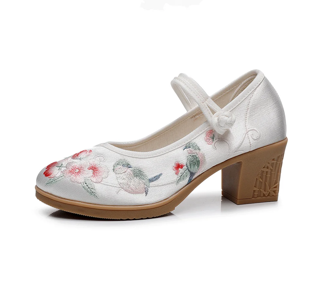 Zingj Zingj Heel Square With Women's Shoes A Word Buckle Shallow Spring And Summer New Embroidered Cloth Shoes With Horse Face Skirt High Heel Embroidered Shoes